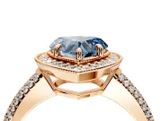 Milgrain Halo Engagement Ring Setting for Fancy Blue Heart-Shaped Center with Three-Sided Pave Band and Prong Head in Rose Gold