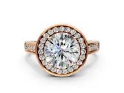 Halo Engagement Ring Setting for Round Cut Center with Outer Bezel Rim, Pave Band and Prong Head in Rose Gold
