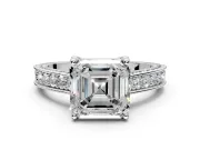 Solitaire Engagement Ring Setting for Asscher Cut Center with Milgrain-Framed Pave Band and Prong Head in Platinum