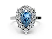 Single Halo Engagement Ring Setting for Fancy Blue Pear-Shaped Center with Corner Claws, Plain Band and Prong Head in Platinum