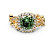 Halo Engagement Ring Setting for Fancy Green Cushion Cut Center with Leaf Motif Split Shank and Prong Head in Yellow Gold