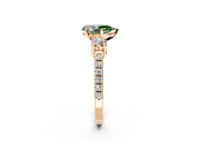 3 Stone Engagement Ring Setting for Fancy Green Pear-Shaped Center with Round Cut Side Accents and Prong Head in Rose Gold