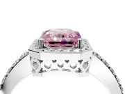 Halo Engagement Ring Setting for Fancy Pink Radiant Cut Center with Heart-Shaped Openwork, Pave Band and Prong Head in Platinum