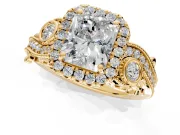 Milgrain Halo Engagement Ring Setting for Radiant Cut Center with Shoulder Bezels and Prong Head in Yellow Gold