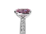 Solitaire Engagement Ring Setting for Fancy Pink Emerald Cut Center with Milgrain-Edged Pave Band and Prong Head in Platinum