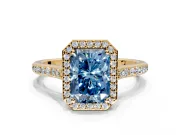 Halo Engagement Ring Setting for Fancy Blue Radiant Cut Center with Pave Accents, Heart Basket and Prong Head in Yellow Gold