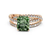 Solitaire Engagement Ring Setting for Fancy Green Radiant Cut Center with Woven 3-Strand Pave Band and Prong Head in Rose Gold