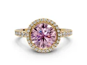 Halo Engagement Ring Setting for Fancy Pink Round Cut Center with Inner Milgrain Border and Prong Head in Yellow Gold