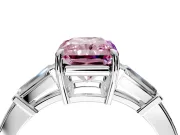 3 Stone Engagement Ring Setting for Fancy Pink Radiant Cut Center with Baguette Accents and Prong Head in Platinum