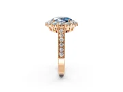 Halo Engagement Ring Setting for Fancy Blue Oval Center with Milgrain Channel Band and Prong Head in Rose Gold