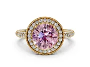 Milgrain Halo Engagement Ring Setting for Fancy Pink Round Cut Center with Three-Sided Pave Band and Prong Head in Yellow Gold