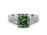 Solitaire Engagement Ring Setting for Fancy Green Cushion Cut Center with Milgrain-Framed Pave Band and Prong Head in Platinum
