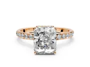 Hidden Halo Engagement Ring Setting for Radiant Cut Center with Pave Band and Prong Head in Rose Gold