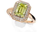 Halo Engagement Ring Setting for Fancy Yellow Emerald Cut Center with Plain Tapered Band and Prong Head in Rose Gold