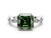 Milgrain Bezel Engagement Ring Setting for Fancy Green Asscher Cut Center with Marquise Stations and Bezel Head in Sterling Silver