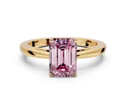 Solitaire Engagement Ring Setting for Fancy Pink Emerald Cut Center with Open Cathedral Shoulders and Prong Head in Yellow Gold