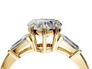 3 Stone Engagement Ring Setting for Heart-Shaped Center with Baguette Accents and Prong Head in Yellow Gold