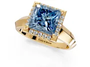Halo Engagement Ring Setting for Fancy Blue Princess Cut Center with Knife Ridge Cathedral Band and Prong Head in Yellow Gold