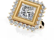 Halo Engagement Ring Setting for Princess Cut Center with Milgrain Bezel Rim, Plain Band and Prong Head in Yellow Gold