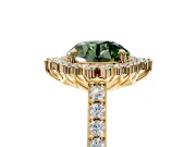 Sunburst Halo Engagement Ring Setting for Fancy Green Round Cut Center with Pave Band and Prong Head in Yellow Gold