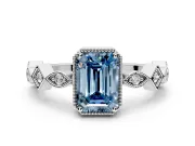 Milgrain Bezel Engagement Ring Setting for Fancy Blue Emerald Cut Center with Marquise Stations and Bezel Head in White Gold