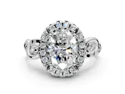 Halo Engagement Ring Setting for Oval Center with Open Scroll Shoulders and Prong Head in Platinum