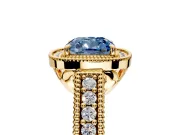 Milgrain Halo Engagement Ring Setting for Fancy Blue Cushion Cut Center with Pave Band and Prong Head in Yellow Gold