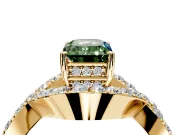 Halo Engagement Ring Setting for Fancy Green Emerald Cut Center with Pave Infinity Twist Band and Prong Head in Yellow Gold