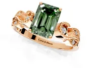 Leaf Engagement Ring Setting for Fancy Green Emerald Cut Center with Milgrain Accent Band and Prong Head in Rose Gold