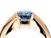 Tension Engagement Ring Setting for Fancy Blue Emerald Cut Center with Wide Tapered Band and Tension Head in Rose Gold