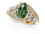 Halo Engagement Ring Setting for Fancy Green Pear-Shaped Center with Marquise and Pave Bypass Band and Prong Head in Yellow Gold