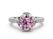 Floral Engagement Ring Setting for Fancy Pink Round Cut Center with Four Accent Clusters and Prong Head in Platinum