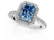 Halo Engagement Ring Setting for Fancy Blue Radiant Cut Center with Inner Milgrain Border and Prong Head in Sterling Silver