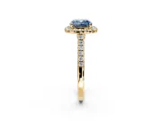 Halo Engagement Ring Setting for Fancy Blue Cushion Cut Center with Narrowing Pave Band and Prong Head in Yellow Gold