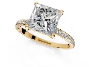 Solitaire Engagement Ring Setting for Princess Cut Center with Pave Accents and Prong Head in Yellow Gold