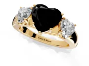 3 Stone Engagement Ring Setting for Fancy Black Heart-Shaped Center with Raised Basket Heads and Prong Head in Yellow Gold