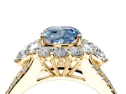 Halo Engagement Ring Setting for Fancy Blue Cushion Cut Center with Two-Strand Split Shank and Prong Head in Yellow Gold