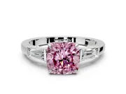 3 Stone Engagement Ring Setting for Fancy Pink Cushion Cut Center with Baguette Accents and Prong Head in White Gold