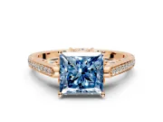 Cathedral Engagement Ring Setting for Fancy Blue Princess Cut Center with Antique-Style Pave Band and Prong Head in Rose Gold