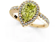 Accent Halo Engagement Ring Setting for Fancy Yellow Pear-Shaped Center with Full-Length Pave Band and Prong Head in Yellow Gold