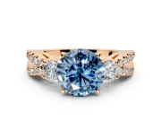 3 Stone Engagement Ring Setting for Fancy Blue Round Cut Center with Pave Split Shank and Prong Head in Rose Gold