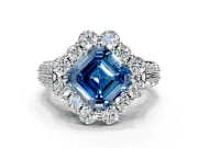 Large Accent Halo Engagement Ring Setting for Fancy Blue Asscher Cut Center with Pave Split Shank and Prong Head in Sterling Silver