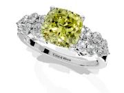 Cluster Engagement Ring Setting for Fancy Yellow Cushion Cut Center with 2-Row Shoulder Clusters and Prong Head in Platinum
