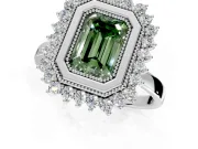 Halo Engagement Ring Setting for Fancy Green Emerald Cut Center with Milgrain Bezel Rim, Plain Band and Prong Head in White Gold