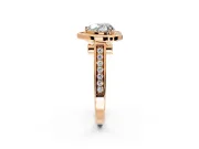 Halo Engagement Ring Setting for Heart-Shaped Center with Outer Bezel Rim, Pave Band and Prong Head in Rose Gold