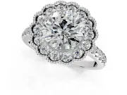 Milgrain Floral Halo Engagement Ring Setting for Round Cut Center with Pave Band and Prong Head in Sterling Silver