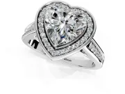Halo Engagement Ring Setting for Heart-Shaped Center with Outer Bezel Rim, Pave Band and Prong Head in Sterling Silver