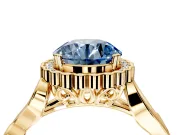 Halo Engagement Ring Setting for Fancy Blue Round Cut Center with Leaf Motif Split Shank and Prong Head in Yellow Gold