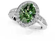 Bezel-Framed Halo Engagement Ring Setting for Fancy Green Oval Center with Pave Band and Prong Head in Platinum