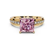 Solitaire Engagement Ring Setting for Fancy Pink Princess Cut Center with Raised Channel Band and Prong Head in Yellow Gold